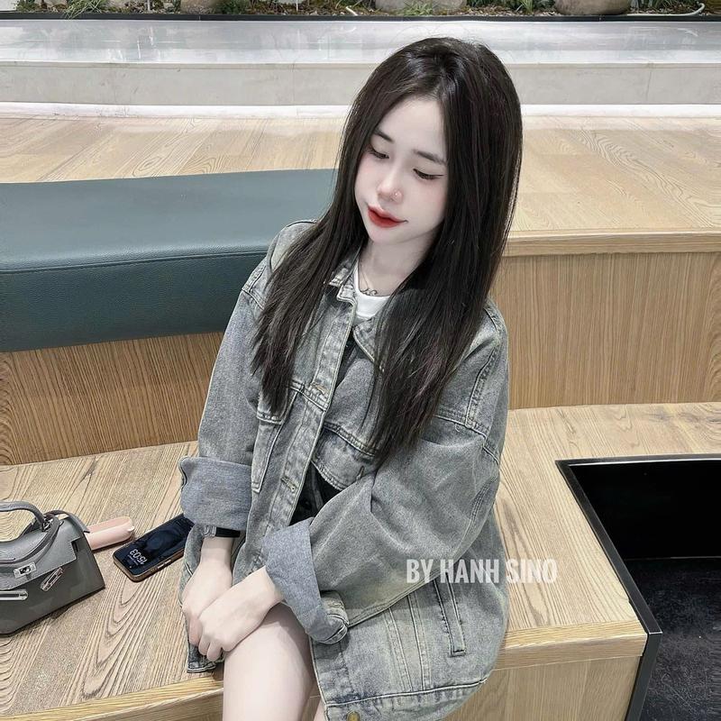 Áo khoác jean nữ tay dài form rộng trơn màu xanh bụi,Áo Jeans nữ, áo jeans Basic dáng rộng [Áo bò Esential] 5