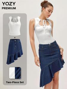 YOZY Women's Plain Tie Front Tank Top & Denim Skirt Set, Ladies Clothes for Daily Wear
