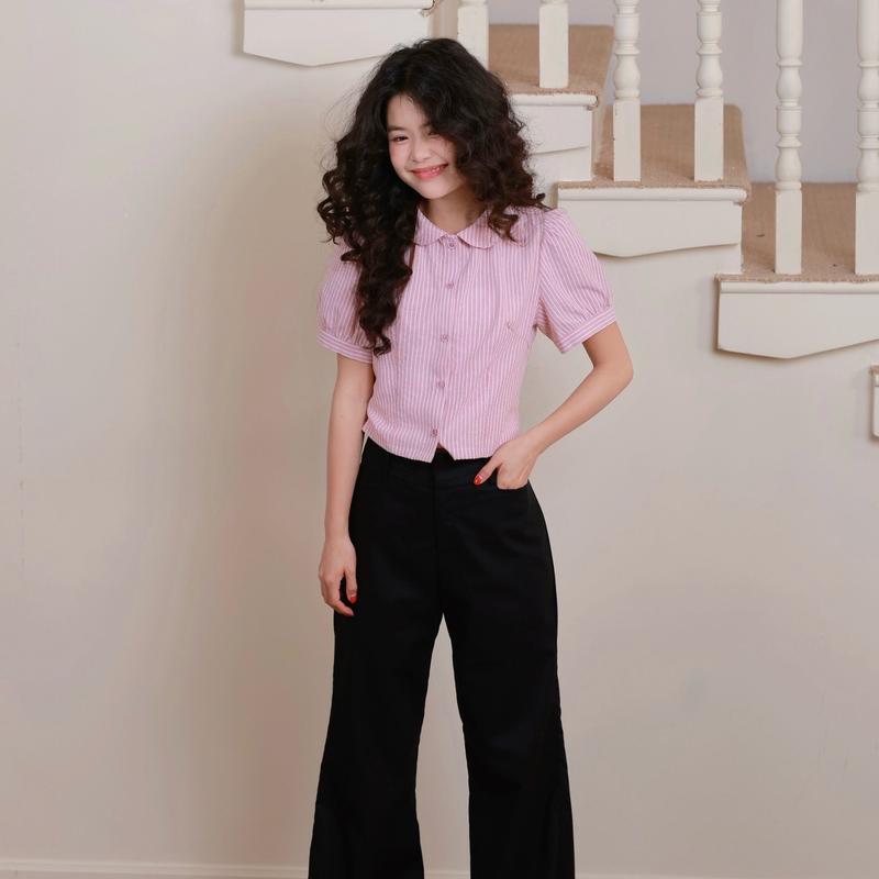 Áo sơ mi nữ tay ngắn sọc cổ sen - Aufra Studio