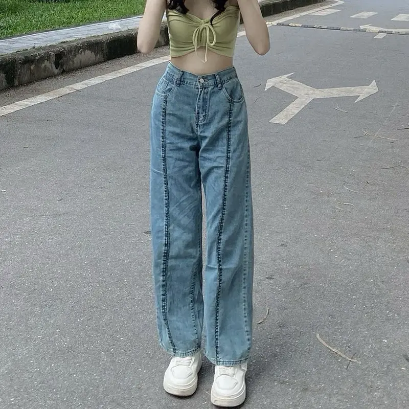 Quần jeans nữ cạp cao ống suông chun lưng hàng QC