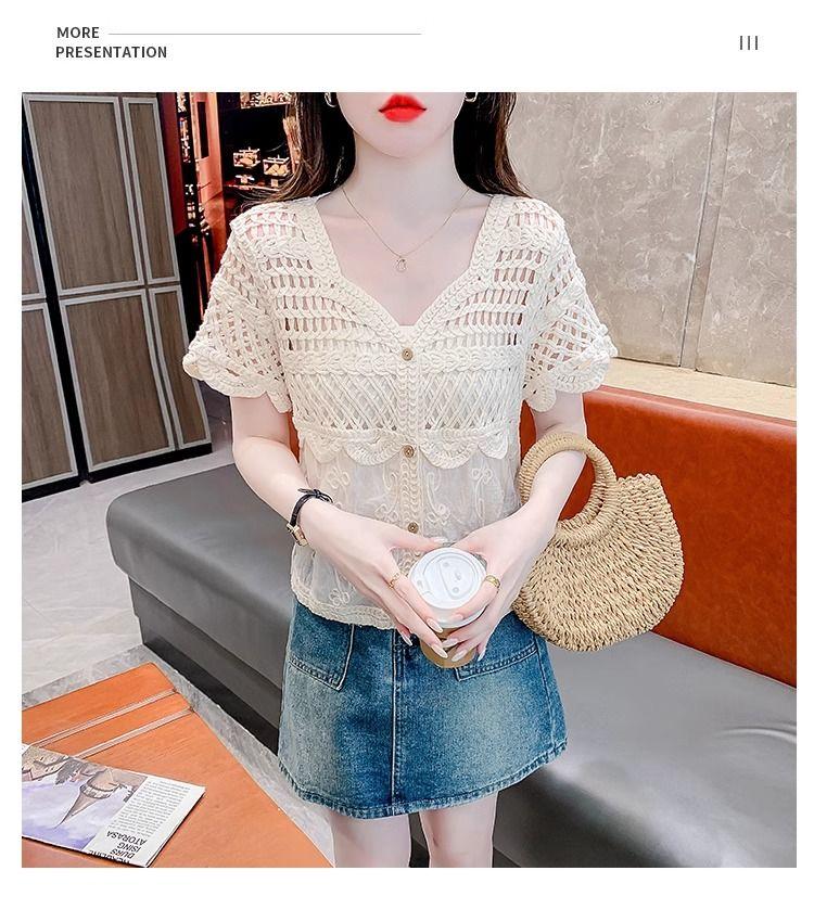 Product Introduction of Áo Cánh Ren khoét Cổ Chữ V, Thiết Kế Độc Đáo Dành Cho Nữ, Phong Cách Thanh Lịch, Trẻ Trung, Bó Sát, Áo ngắn Tay Bộ Sưu Tập Người, Mùa Hè 2024, Hàng Mới Về, [3311] 18