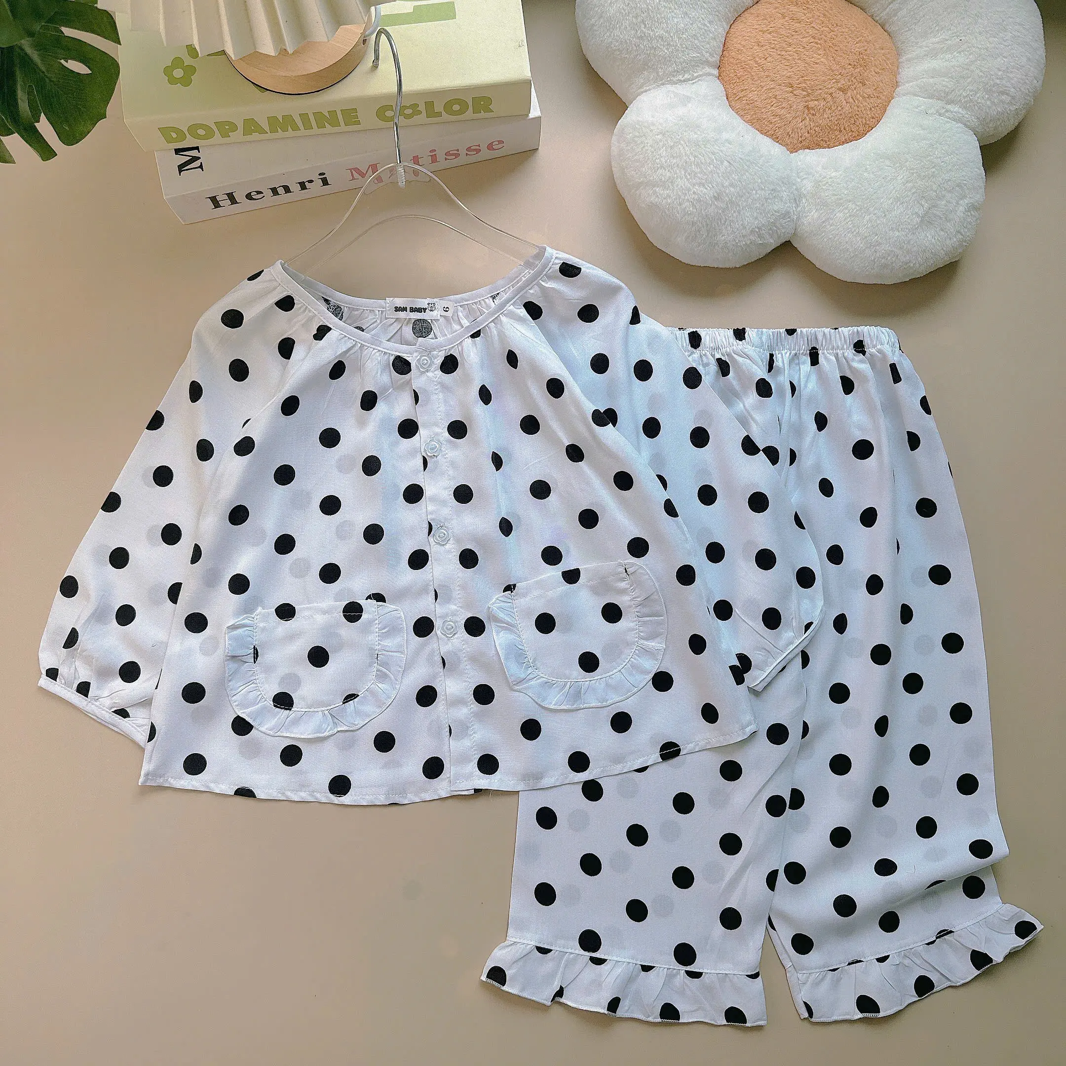 Bộ tole/lanh tay dài quần dài tay bồng phối bèo tiểu thư cho bé từ 9-35kg