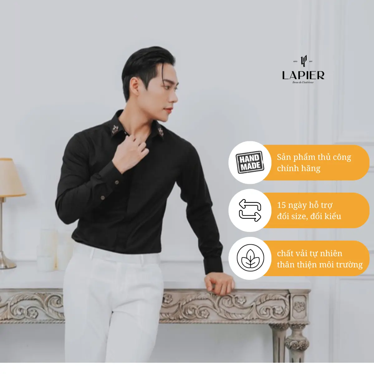 Áo Sơ Mi Nam thiết kế Cao Cấp đính thủ công Vương Miện Cổ Áo Lapier, Lịch Lãm Sang Trọng - 2 màu trắng đen