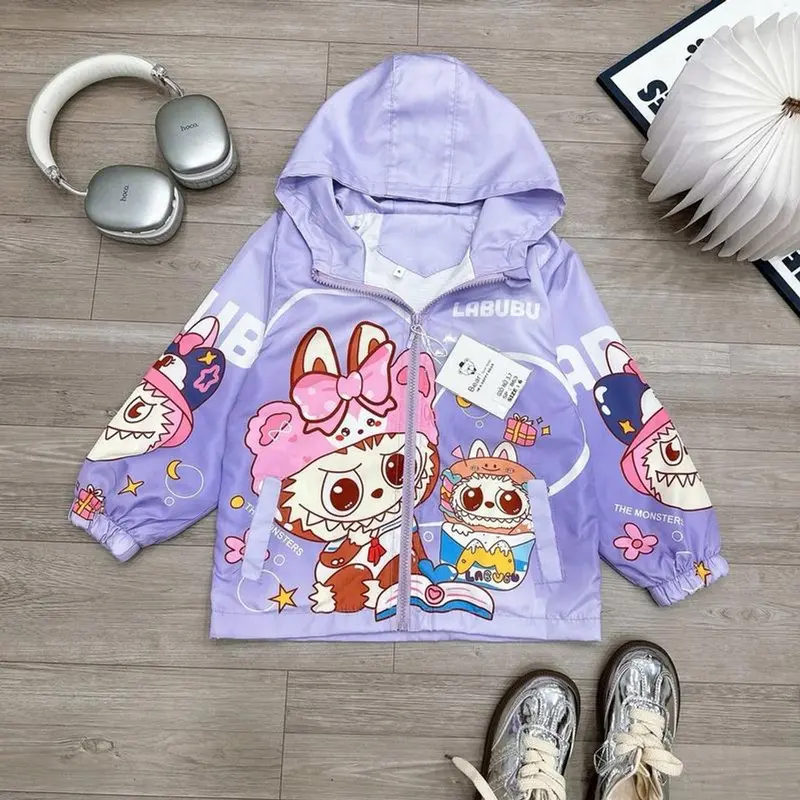 Áo Gió 2 Lớp Cho Bé Gái Labubu Thông Hơi Và Lót Nỉ In Hình Hoạ Tiết Dễ Thương Size 13-23Kg Mềm Mịn Áp Áp Chống Nước Cản Gió áo khoác lót lông 3