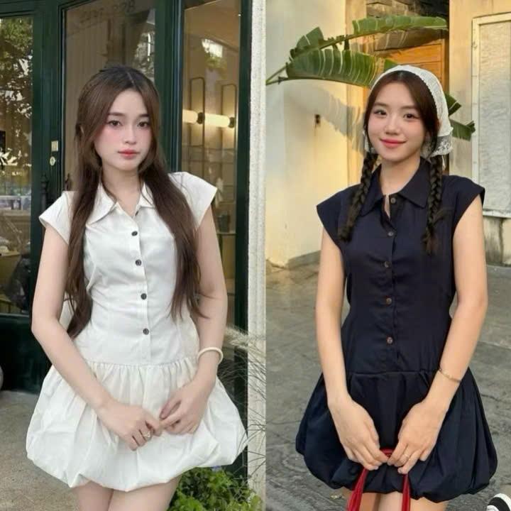 Váy sơ mi nơ cúc gỗ tay hến có dây buộc sau dáng ngắn form bí kèm ảnh thật