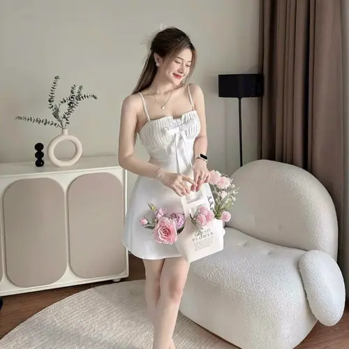 ĐẦM 2 DÂY DẬP LY TRƯỚC NGỰC ĐÍNH KÈM NƠ CÓ MÚT
