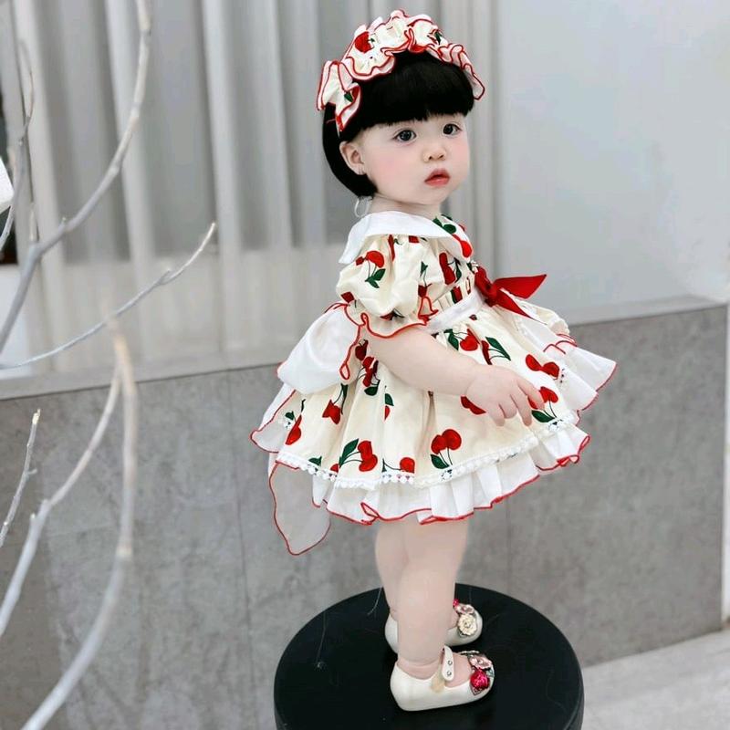 Form Nhỏ Bé Cưng Store Váy Lolita Cổ Sen Trái Dâu Đỏ Gồm Váy,Quần Chip,Tuban Chất Thô Cotton Cho Bé Gái 1 tháng-5 Tuổi ,Váy Đầy Tháng Sinh Nhật