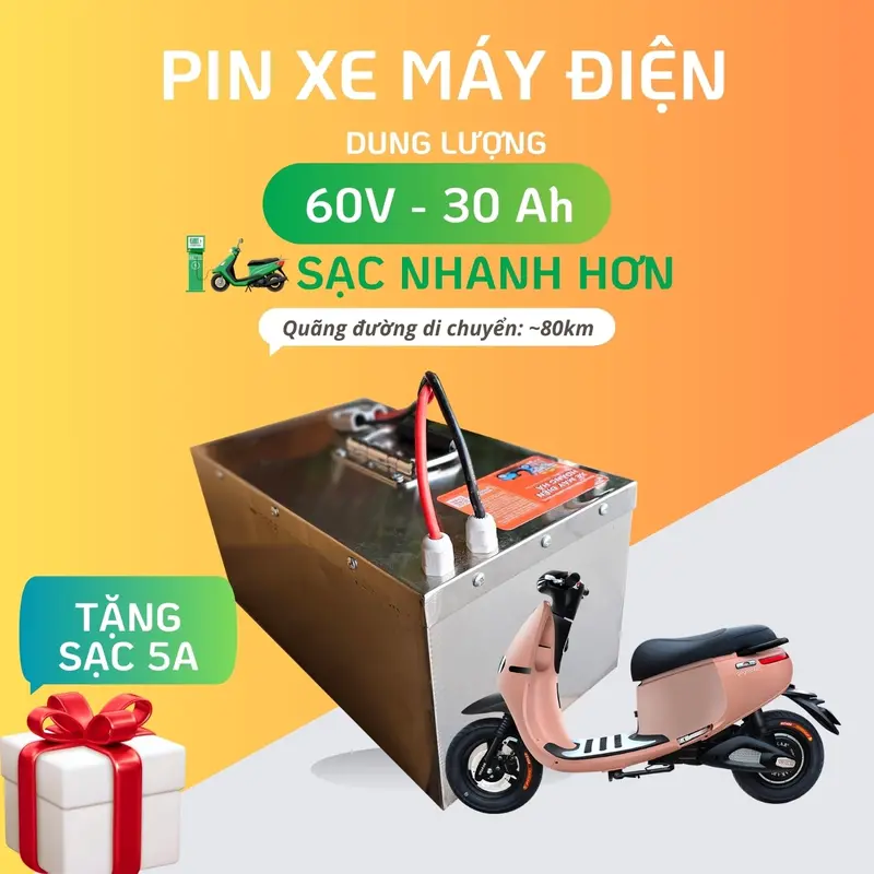 Pin xe máy điện Hoàng Hà dung lượng 60V-30Ah dùng cho xe máy điện chạy 5 bình 0
