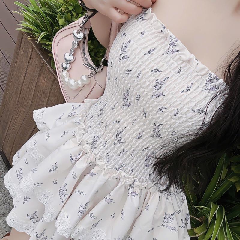 Đầm 2 dây nhún phối hoạ tiết hoa nhí 2 tầng bồng xoè 4