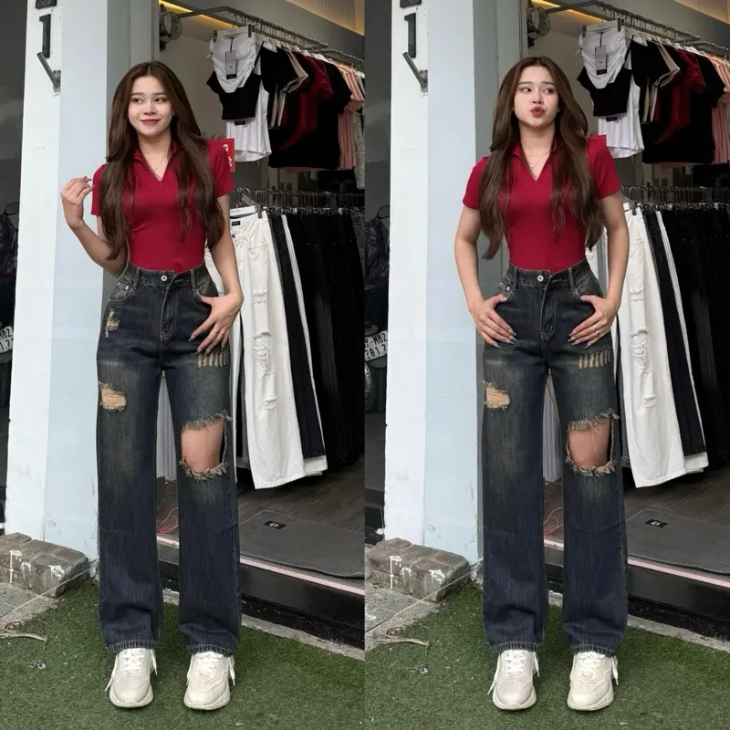 [N823-NaNa Denim Fashion] Quần Jean suông phối rách màu bụi dơ chất vải QCCC dài 103cm 0