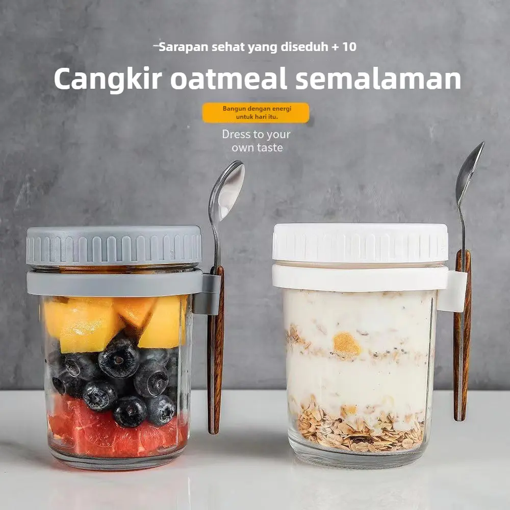 ​Gelas Overnight Oat Praktis! Sudah Include Tutup & Sendok, Untuk Salad & Yogurt
