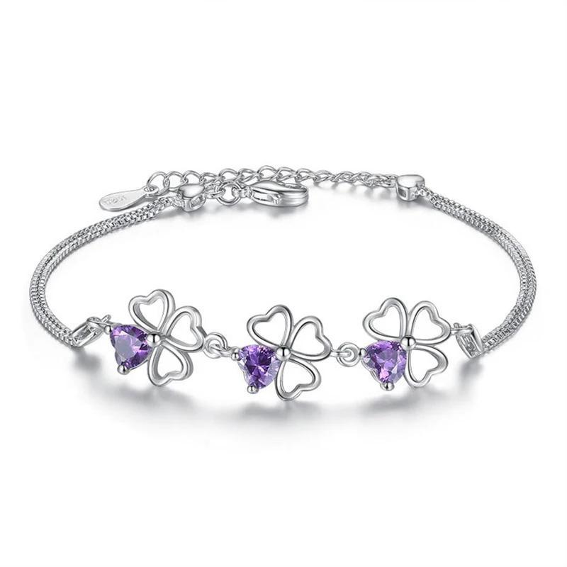 Product Introduction of Lucky Four Leaf Clover 925 Sterling Silver Original Jewelry Purple Crystal Link Chain Charm Bracelet for Women 0