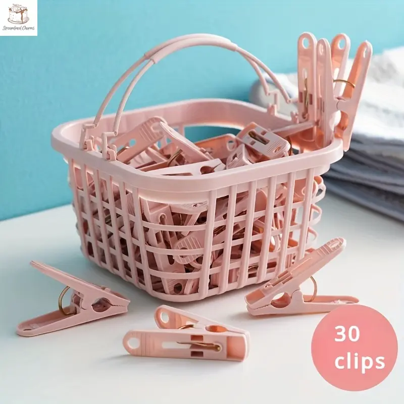 Streamlined Charms  30pcs Durable Plastic Clothespins with Independent Baskets. Portable Clothes and Sheet Drying Clips, Essential for Home and Travel. Suitable for Clothes Drying Racks.
