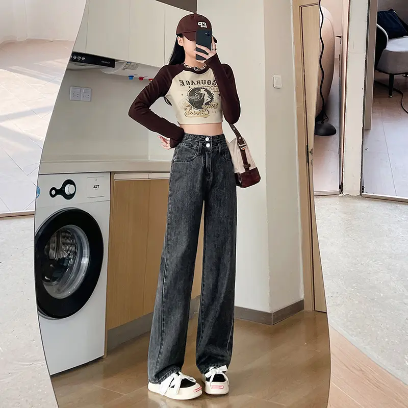 Straight Loose Jeans Women's Spring and Autumn High Waist Wide Leg Breasted Small Versatile Figure Flattering Mopping Pants Trendy Trousers