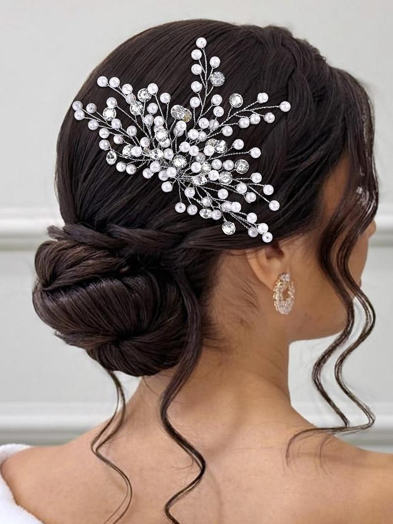 Product Introduction of Rhinestone & Faux Pearls Decor Leaf Design Bridal Headwear, Elegant Hair Accessories for Wedding Bridal Party Formal Occasions, Fashion Hair Accessories for Women 0