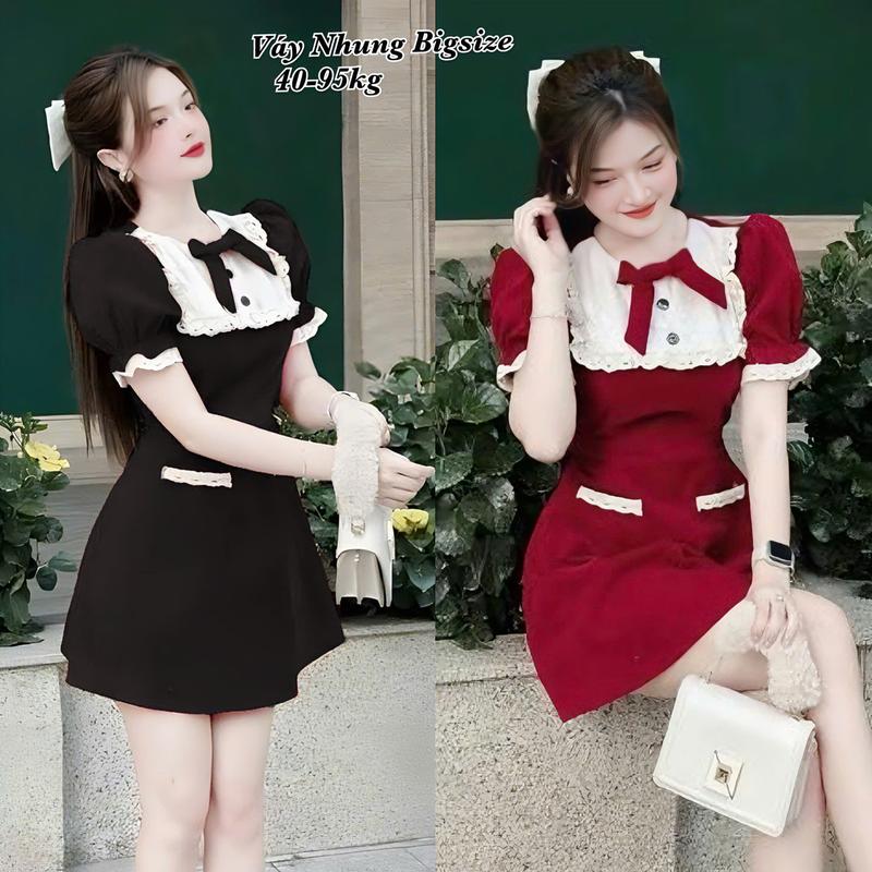 (HCM) Đầm Váy Nhung Bigsize Thời Trang Thiết Kế Đính Nơ Phối Ren Vải Nhung Mềm Mịn Cao Cấp Cho Nàng Chuppy Xinh 40-95kg Nữ Sen Dress Đỏ Hoa Sen Voi Viền Ren Nho