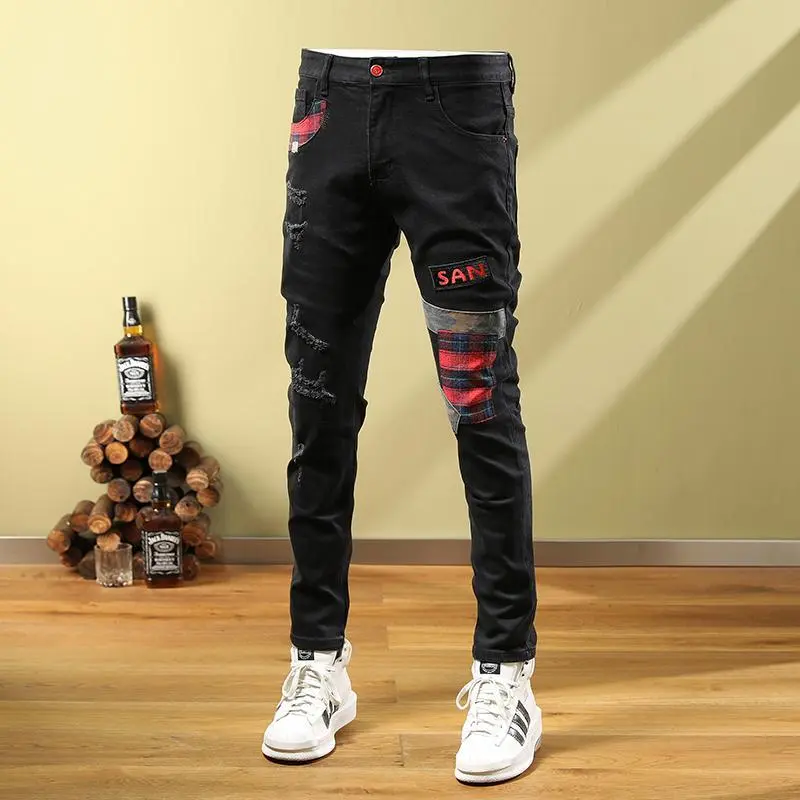 Quần Áo Nam, Thương Hiệu Thời Trang Cá Tính, Quần Denim Rách, Vá Vải Màu Đen, May Nối, Co Giãn, Mỏng Vừa Vặn, Quần Mỏng Jean Menswear Pants Có Túi