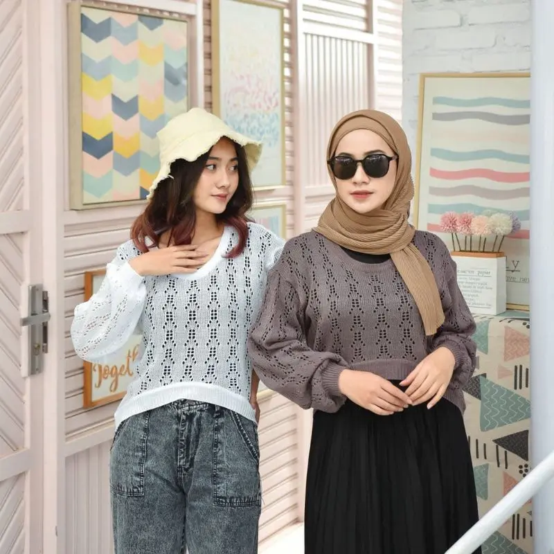 Sweater Rajut Lea Moon Crop Jaring Atasan Knitwear Top Wanita Cardigan 2
