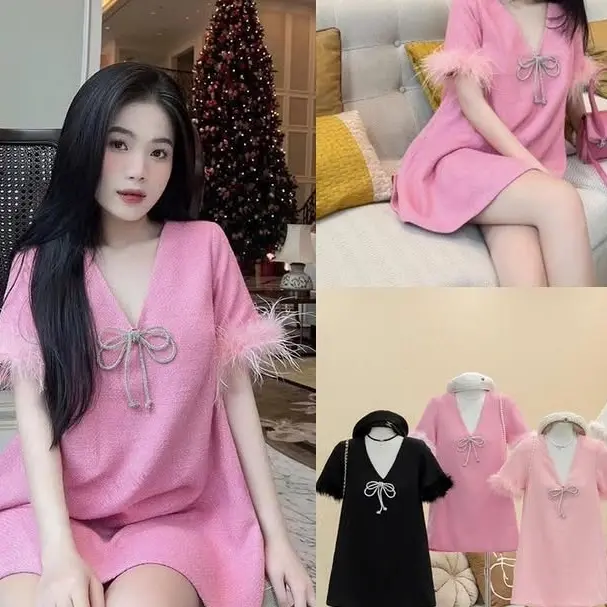 Váy Hồng Tiểu Thư Bae Chic Vải Dạ Tweed Cao Cấp Phong Cách Chiết Eo Dáng_yenmannhi_bigsize_sữa hết gầy - Dress vaydodonnoel  vay mactet Voi Voan Đen yếm  xinh váy  lệch vay  body váy  nữ Women sơ 6