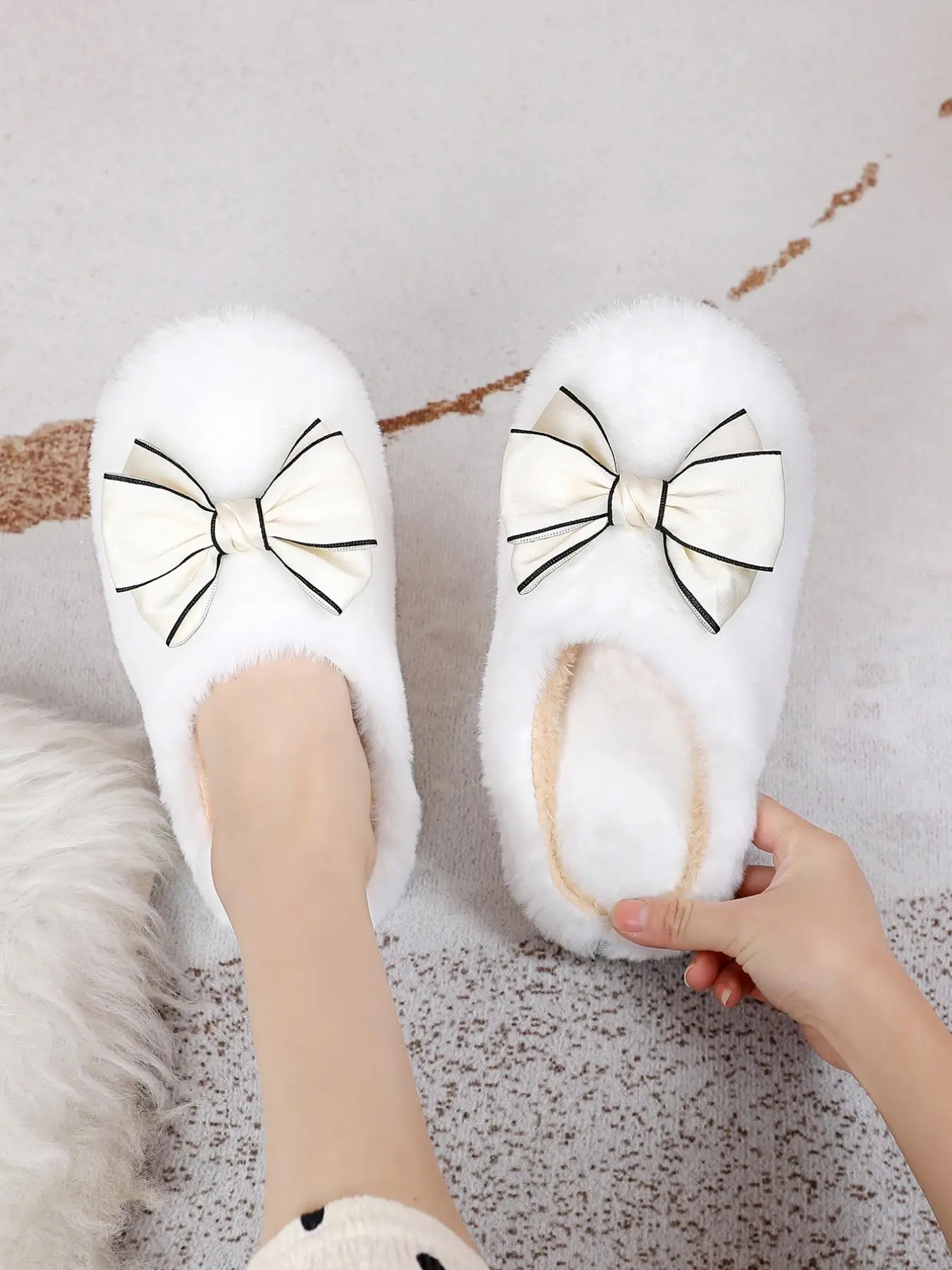 1 Pair Women's Cute Non-slip Fluffy Bowknot House Slides, Soft Comfy Fuzzy Home Slippers, Warm Cozy Slippers for Daily Wear for Fall & Winter