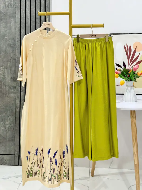 SET Áo dài cách tân Noka AD146, dáng suông che khuyết điểm, chất liệu đũi tơ hàn mát, mềm, nhẹ, size S-2XL - Women, Nữ 8