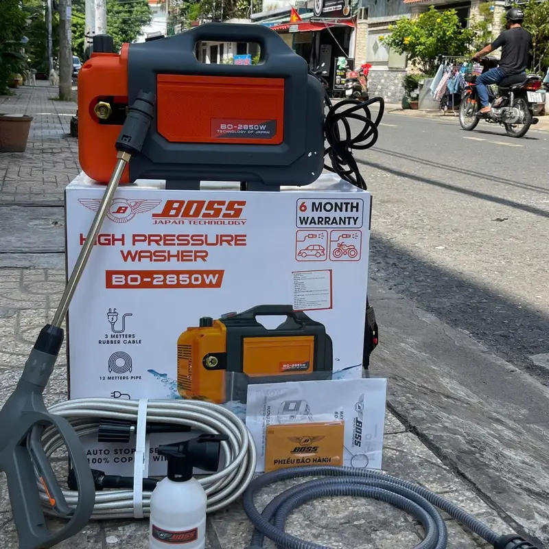 Máy rửa xe gia đình BOSS Model BO-2850W, công suất 2850W, áp mạnh 180 bar, mô tơ lõi đồng, chống giật 6