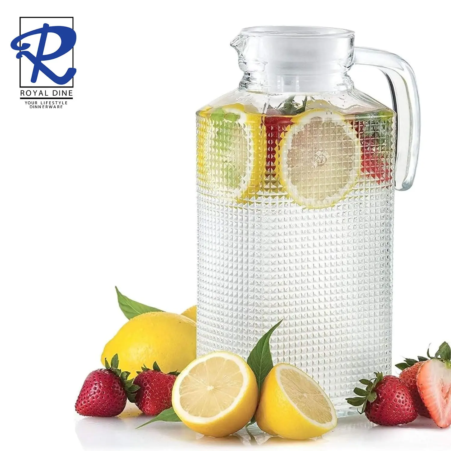 Royal Dine 1.8 Liters J-YZ10B  Clear Pitcher Jug with White Lid Set w/ Embossed Design CJUG511