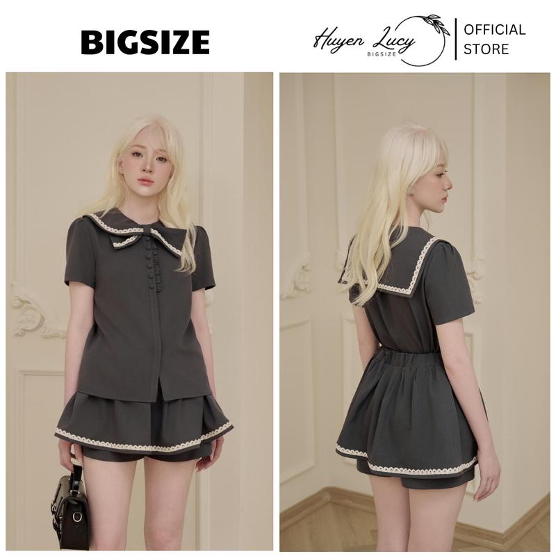  Set Bigsize Nữ Cúc Bọc Phối Ren Áo Tay Lửng Chân Váy Ngắn Đi Chơi Đi Học Đi Làm Hẹn Hò Mùa Xuân Mùa Hè Mùa Thu Nữ Tính Hiện Đại Dễ Thương Cute Trẻ Trung 