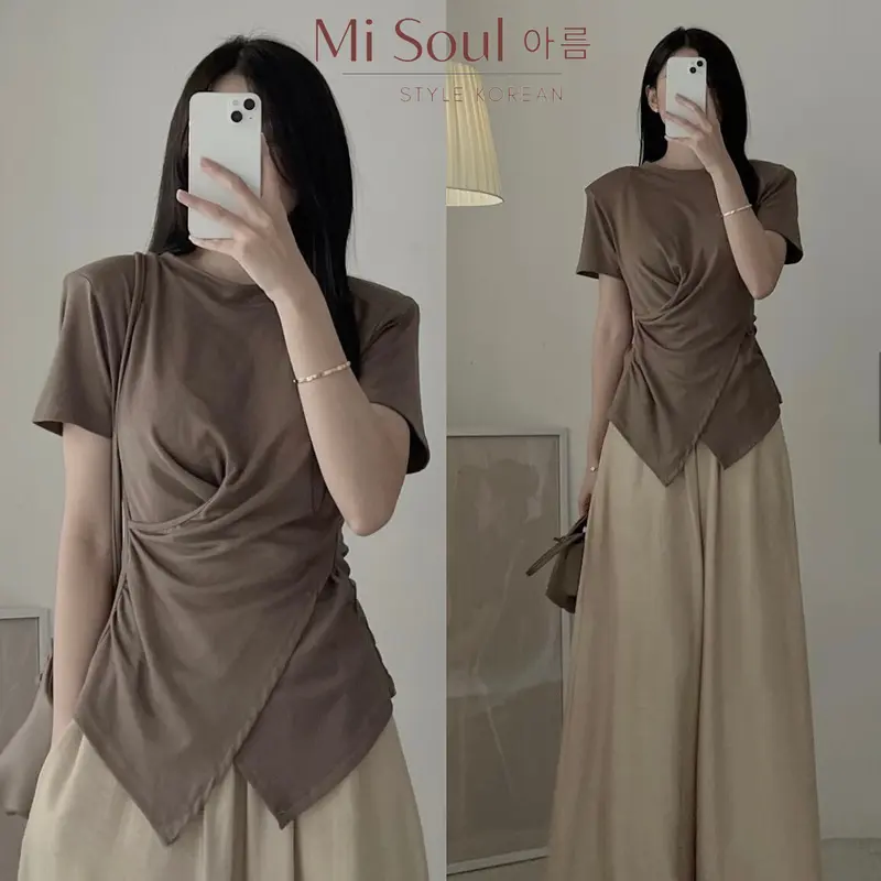 Áo Thun Xoắn Eo Cổ Tròn MiSoul BigSize , Áo Cộc Tay BigSize Vạt Chéo 199 Top Nữ Women Đen Cotton Voi 4
