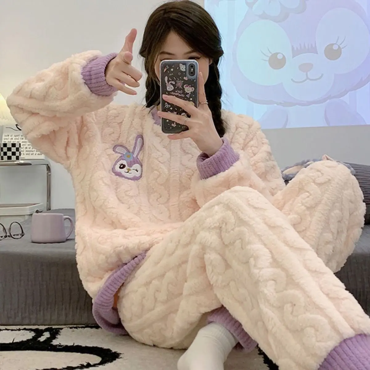 [SẴN] Bộ Ngủ Dài Tay Mùa Đông Vải Lông Cừu San Hô, pijama hoạt hình Thỏ tím dễ thương, đồ mặc nhà nữ Women Quần Ngủ