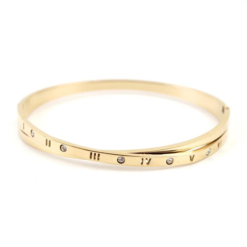 Product Introduction of Yuki's Fashion Roman Numerals Design Bangles Bracelets Cross Crystal Stainless Steel Bracelet For Women Men Luxury Jewelry Gifts 11
