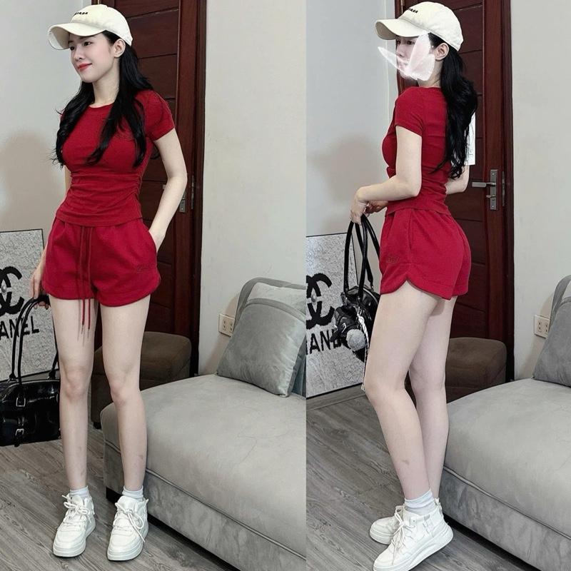 Set bộ BAD thêu Đồ Nữ Trơn Basic Ôm Body Áo Nhún Rúm Eo Ngắn Tay Mix Quần Đùi (BỘ NHÚN EO TRƠN) 8