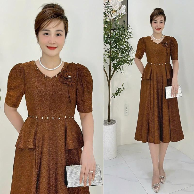 Đầm Trung Niên M672 Vải Nhủ co giãn đính đá DMC cho mẹ đi chơi dự tiệc Ôm gọn Thanh lịch Dress Váy Nữ Đỏ Women  Màu Trắng Thun Lệch Vai 3
