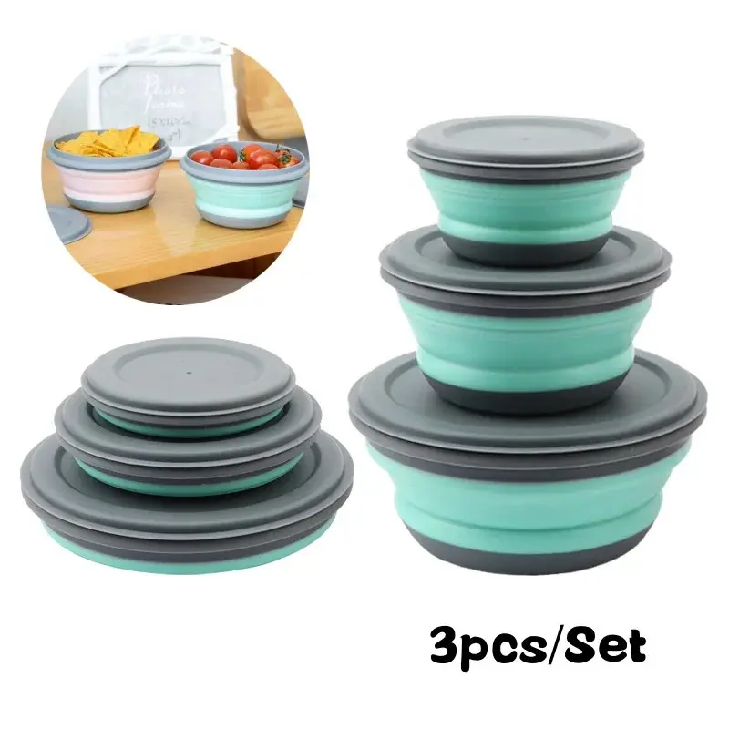 Portable Folding Lunch Box Bowl Sets Silicone 3Pcs/Set Food Container Outdoor Camping Tableware Set Foldable Salad Bowl with Lid paraffin  camping  set