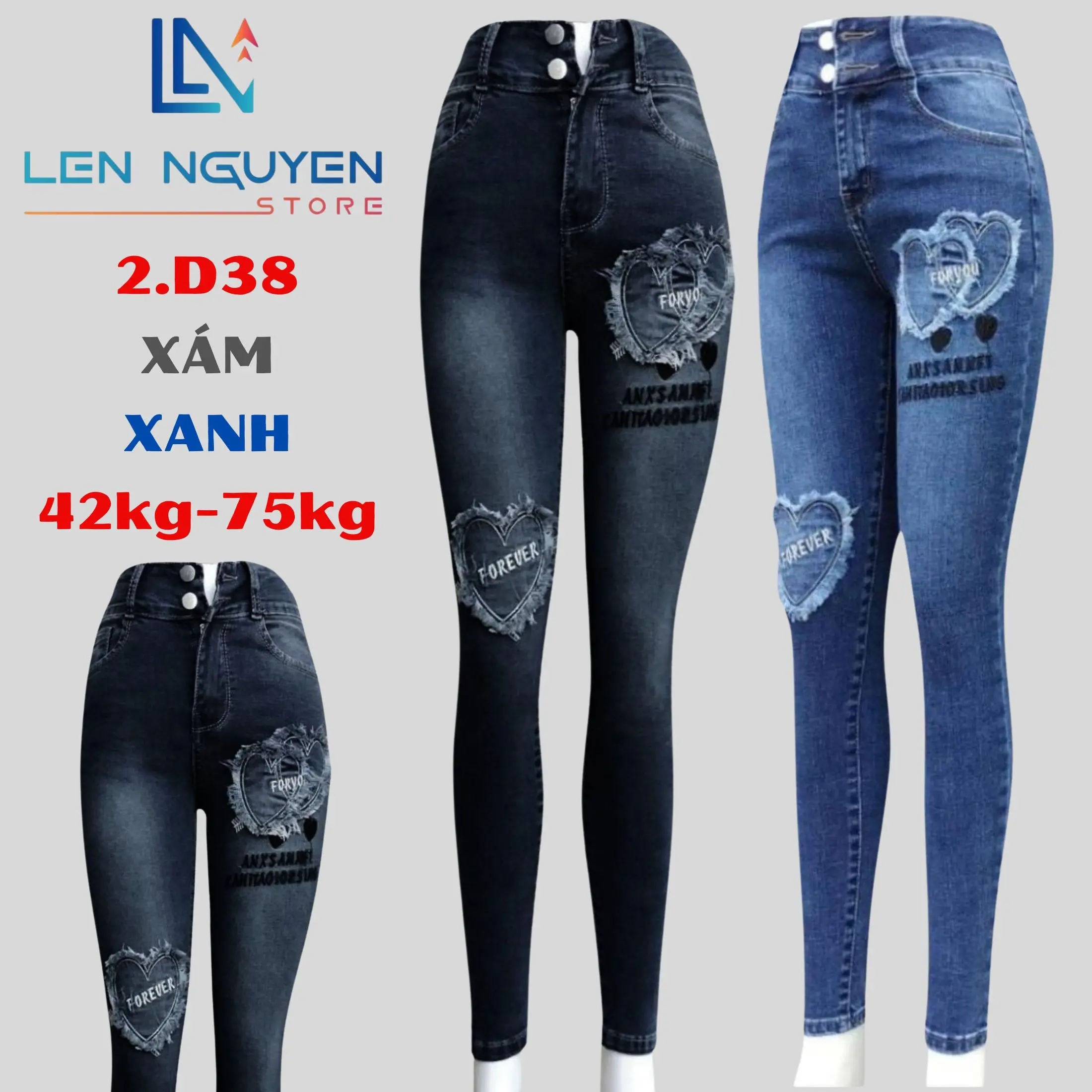 2.D38 [ Lên Nguyễn Store ] Quần Jean (Bò) Nữ Dài Dài 95-97cm, Size 42kg-75kg, Thiết Kế Thêu, Màu Xám, Xanh, Lưng Cao 2 Nút, Ống Ôm, Co Giãn, Mền Mịn, Bigsize, Hotgirl, Mang Phong Cách Năng Động, Trẻ Trung, Tự Tin, Dễ Phối Đồ, Skinny. Women Pants
