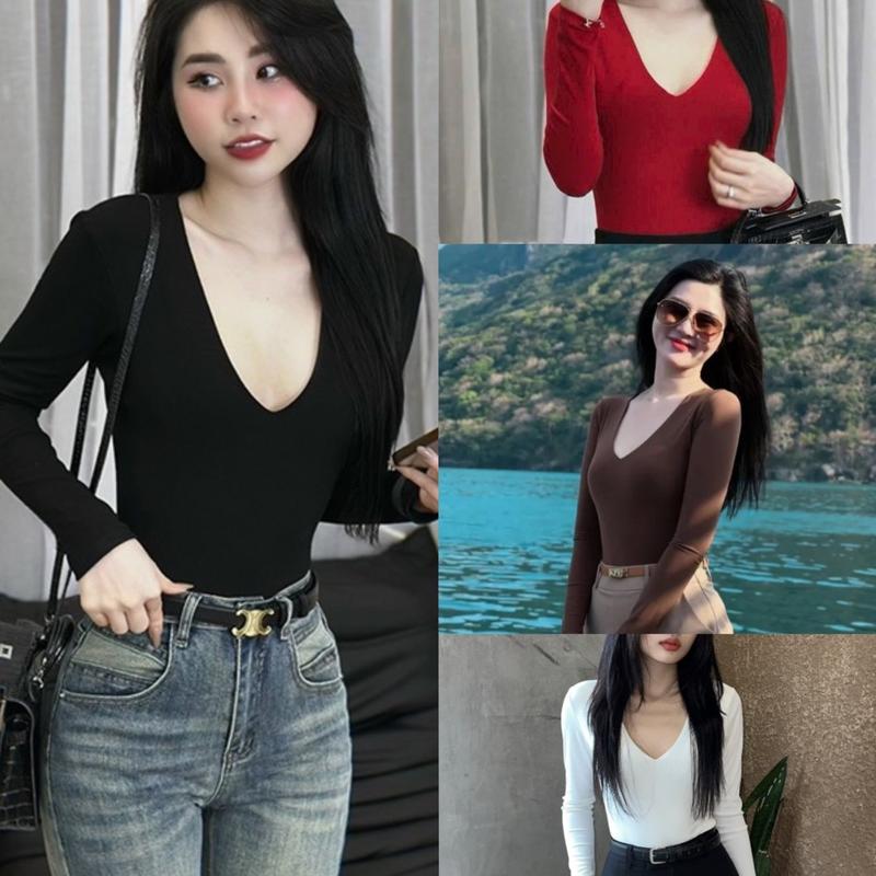ÁO CỔ TIM dài tay 2 lớp, Áo thun cổ V, Áo dài tay cổ tim chất thun Zip loại 1 form siêuu đỉnh, Ôm gọn Nữ Top Women