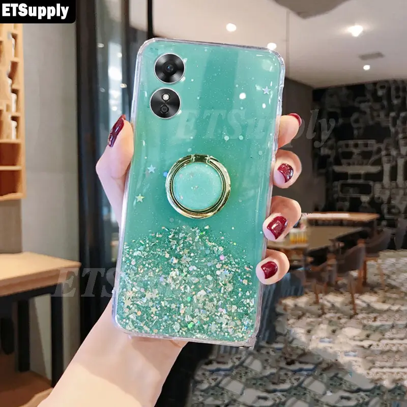 Case Oppo A17 A17K Clear Bening Motif Gliter Bling Bling Ring Standing Silikon Cover Casing Handphone 3