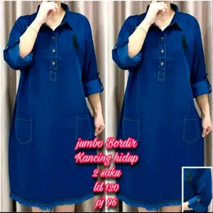 Tunik jeans jumbo wanita ld 120 cm bordil lengan panjang kancing depan busui