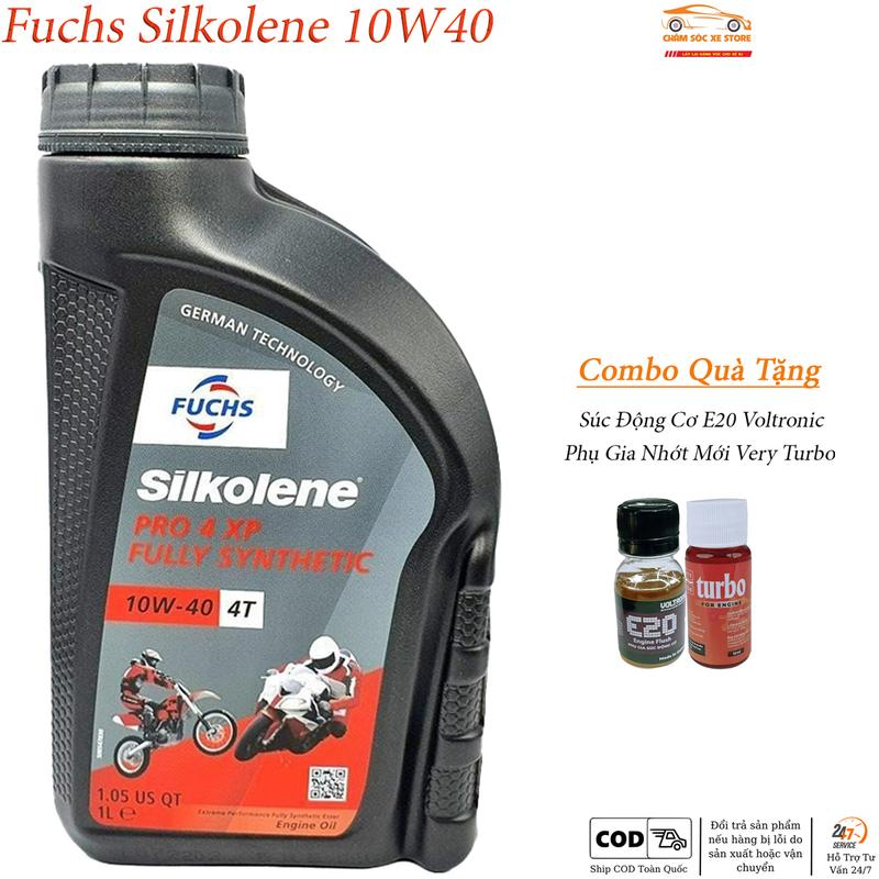 Dầu Nhớt Xe Máy Fuchs Silkolene 10W40 dành cho xe số và côn tay Kèm Quà Gồm 1 Súc Động Cơ E20 Và 1 Phụ Gia Nhớt Mới Xado Very Turbo