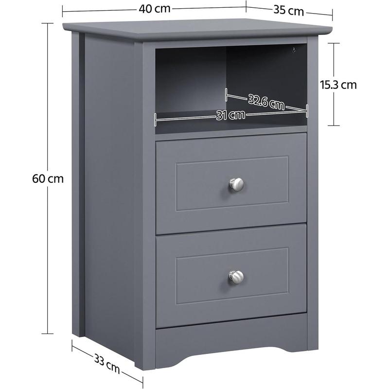 2pcs Bedside Table, Wooden Nightstand Cabinet Unit with 2 Drawers and Open Cubby Set of 2, Modern Sofa Side End Table for Living Room/Bedroom/Small Space, 35 x 40 x 60cm, Dark Gray 2