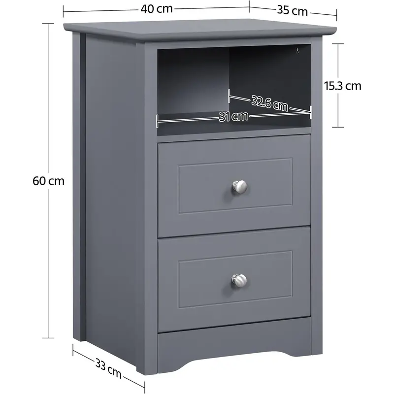 2pcs Bedside Table, Wooden Nightstand Cabinet Unit with 2 Drawers and Open Cubby Set of 2, Modern Sofa Side End Table for Living Room/Bedroom/Small Space, 35 x 40 x 60cm, Dark Gray 2