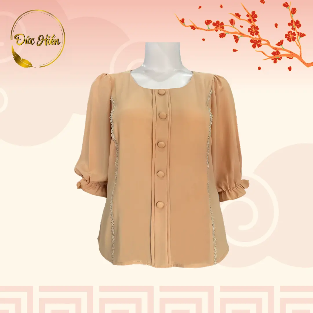 ÁO NỮ TRUNG NIÊN LỤA TẦM Ý ĐÍNH NÚT SANG TRỌNG Top Sơ Mi Women Kem Đen Cotton Cổ tròn Thông thường