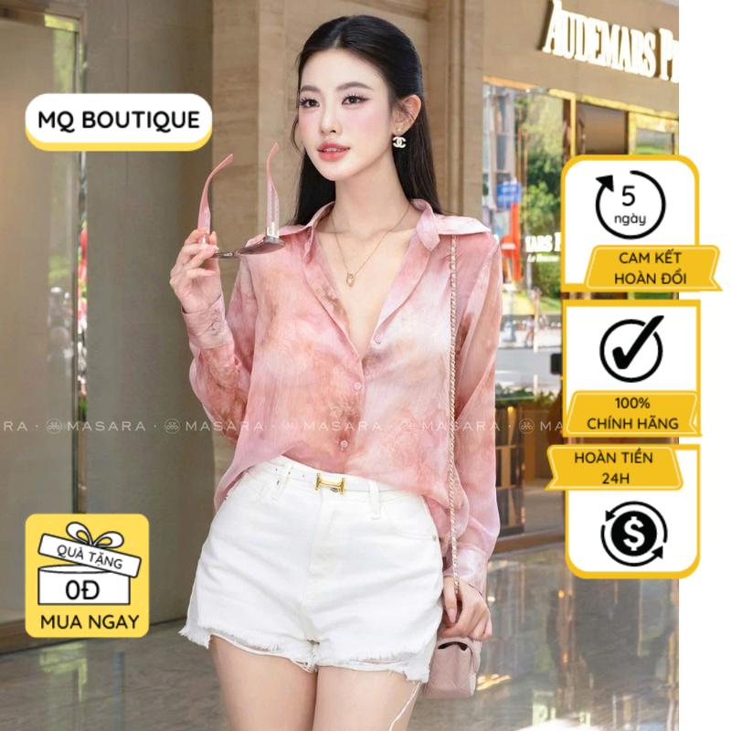 Sơ mi tơ lụa loang dài tay thiết kế MQ Boutique họa tiết loang nâu hồng tơ mềm mịn áo sơ mi họa tiết thiết kế