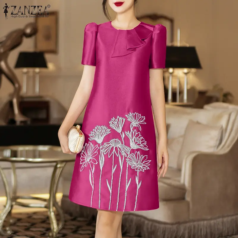 Váy Satin Thêu Hoa Thanh Lịch, Phong Cách Hàn Quốc, Dành Cho Nữ, ZANZEA, Tay Phồng Dự Tiệc, Xếp Nếp, Dài Đến Đầu Gối, Váy