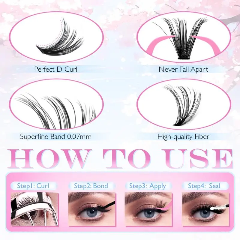 Mixed Style Individual Cluster Lashes Set, 30D 40D 50D 9-16mm Clusters Eyelashes & Double-ended Seal and Bond & Brush & Tweezers, 1 Set Natural Curl Eyelashes Extensions Kit, Eye Makeup Product for Women & Girls, Valentine's Day Gift, Cosmetic 4