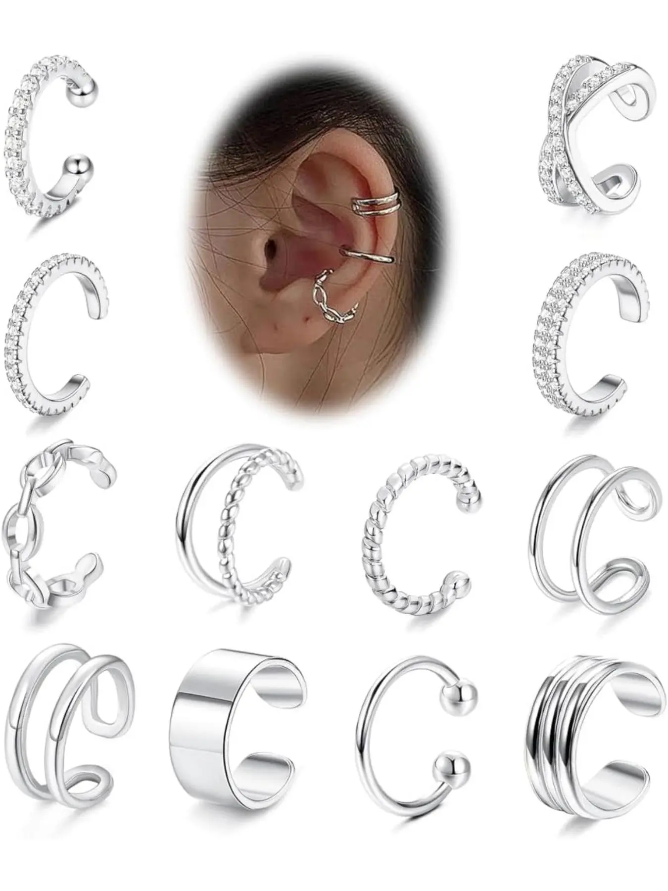 Simple Plain Cuff Earrings, Rhinestone Decorated Fake Earrings for Women & Girls, Braid & Chain Simple Design Ear Cuffs, Fashion Jewelry for Daily  Decor