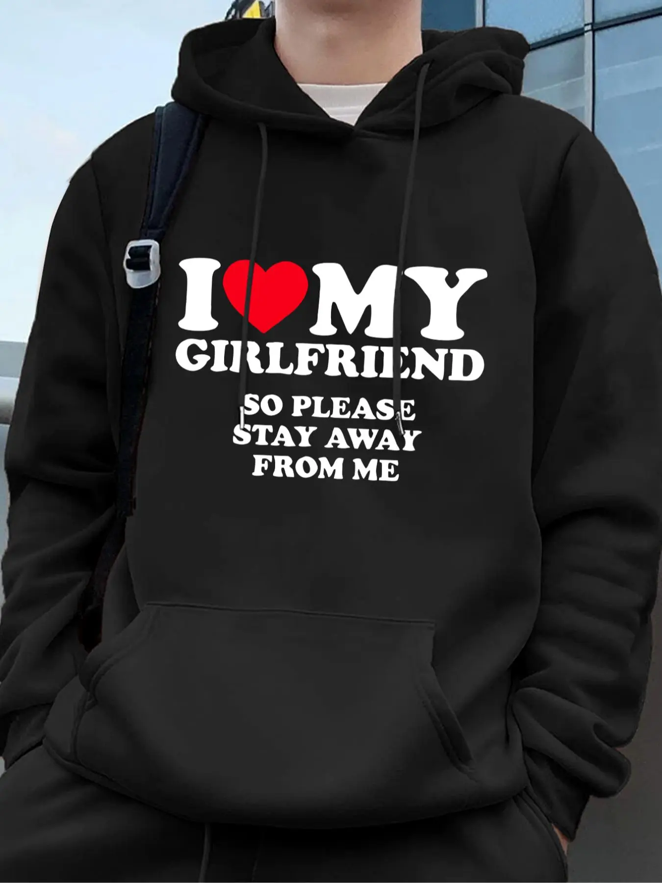 Men's "I LOVE MY GIRLFRIEND" Letter Print Drawstring Pocket Hoodie, Essentials Hoodie for Men, Loose Casual Long Sleeve Hooded Sweatshirt, Hoodie Essentials, Men Spring & Fall Clothes for Daily Wear, Clothing