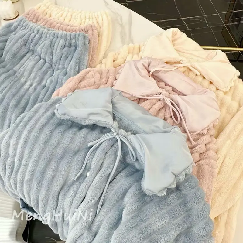 [HOT]Bộ đồ ngủ lông San Hô Bộ Pijama áo khoác cổ sen phối lụa phong cách HQ bông dày dặn,mềm mại cho nữ Women 1