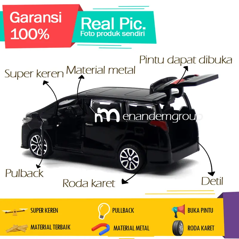 Diecast Mainan Mobil Miniatur Alphard Buka Pintu Route Besi Pullback 1