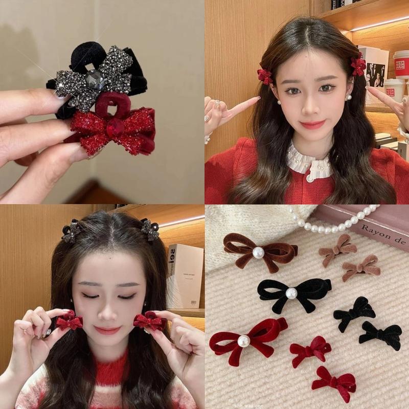 Kẹp tóc mái nơ nhung 1 chiếc mini ĐỎ ĐEN đính nhiều hạt lấp lánh sang trọng K170